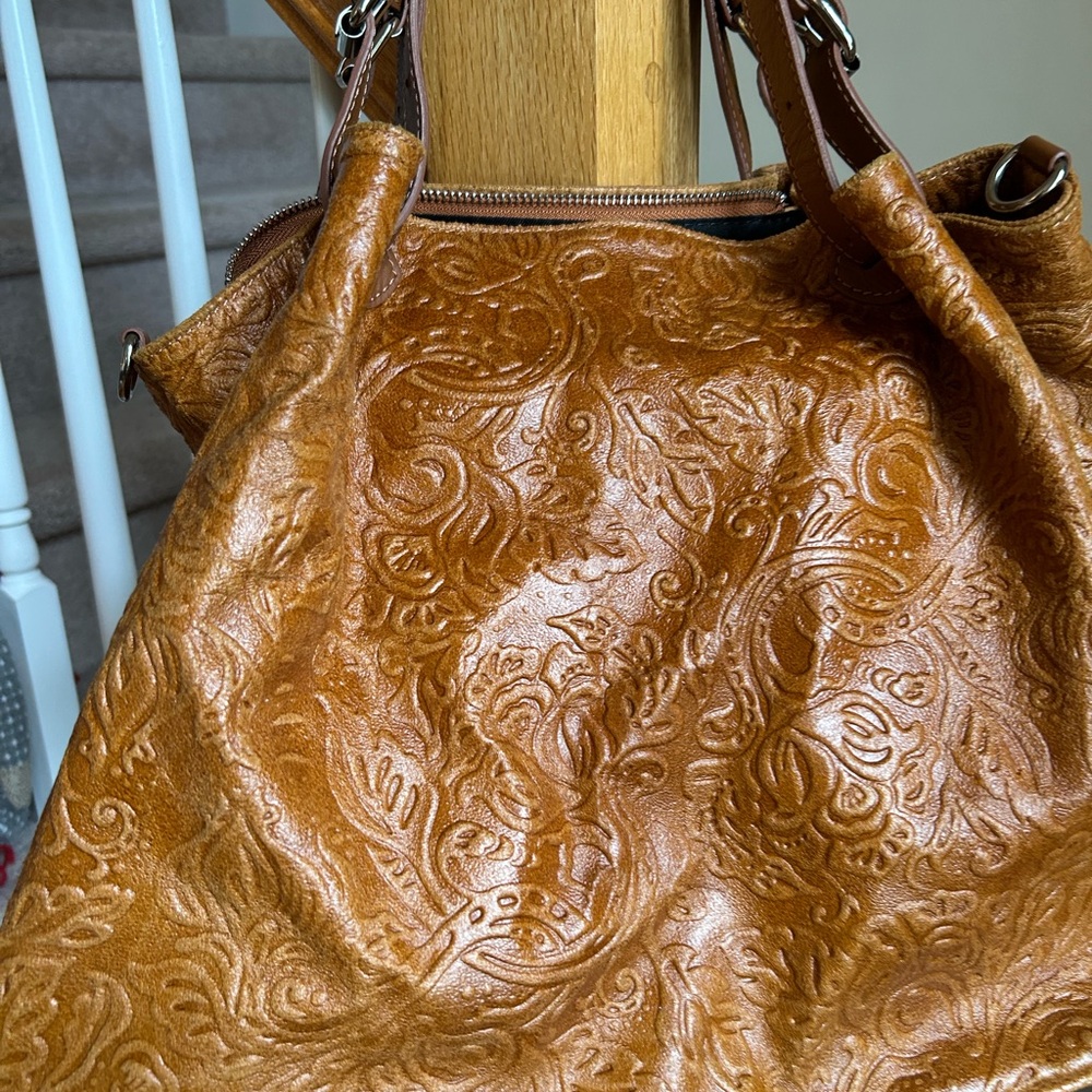 Caramel Brown Embossed Leather Shoulder Bag